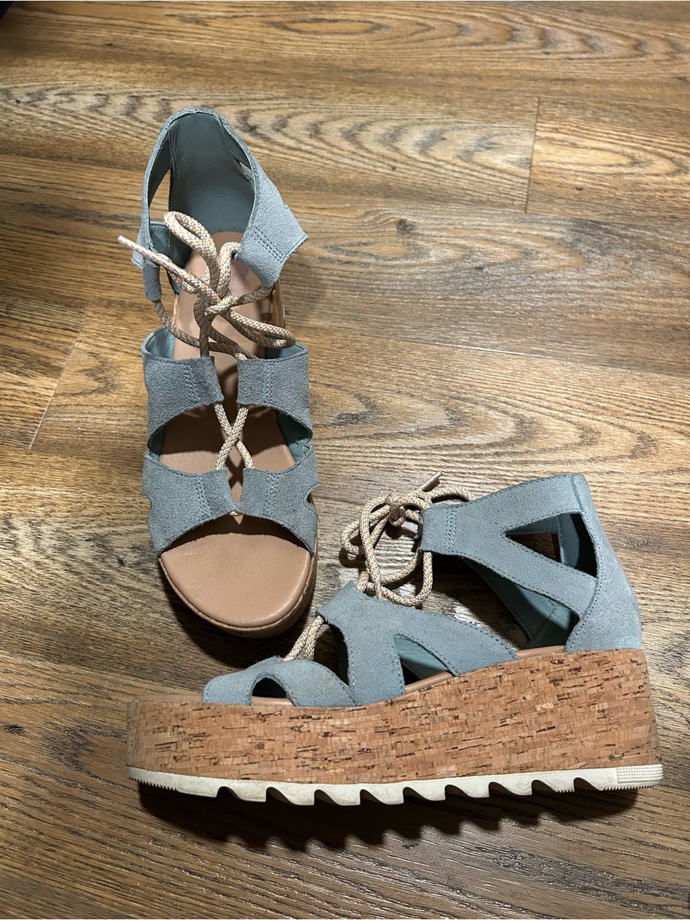Sorel Light Blue Suede Lace-Up Cork Wedge Sandals